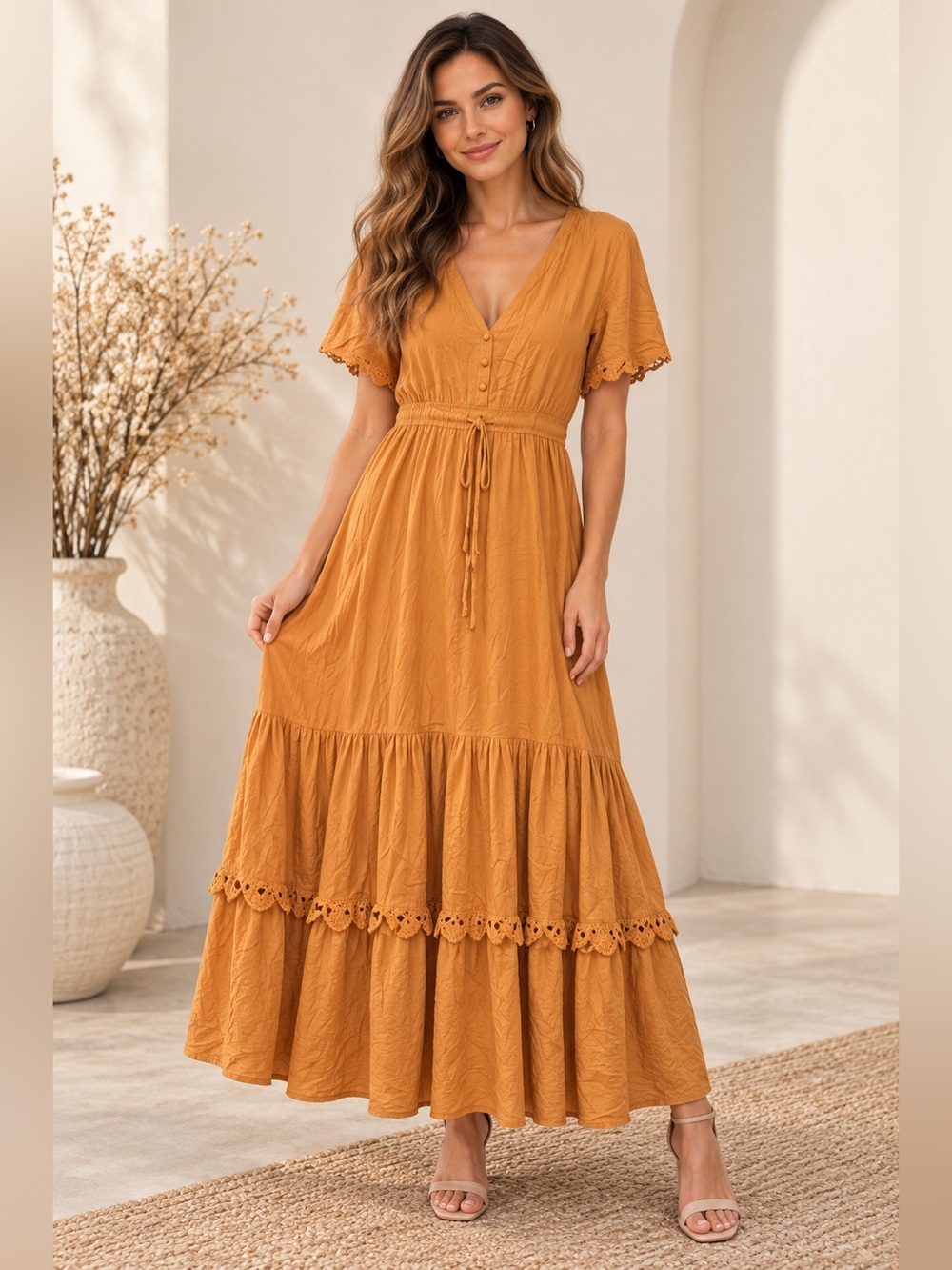 R.Vivimos Mustard Orange Boho Maxi Dress Size M